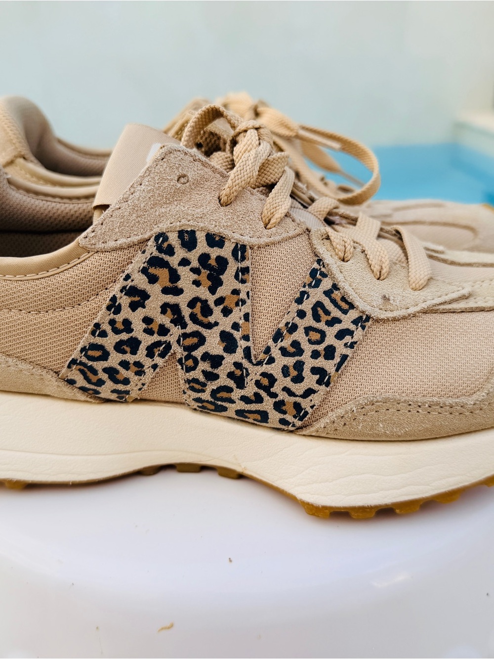 New Balance 327 Women's Tan Sneakers with Leopard Accent